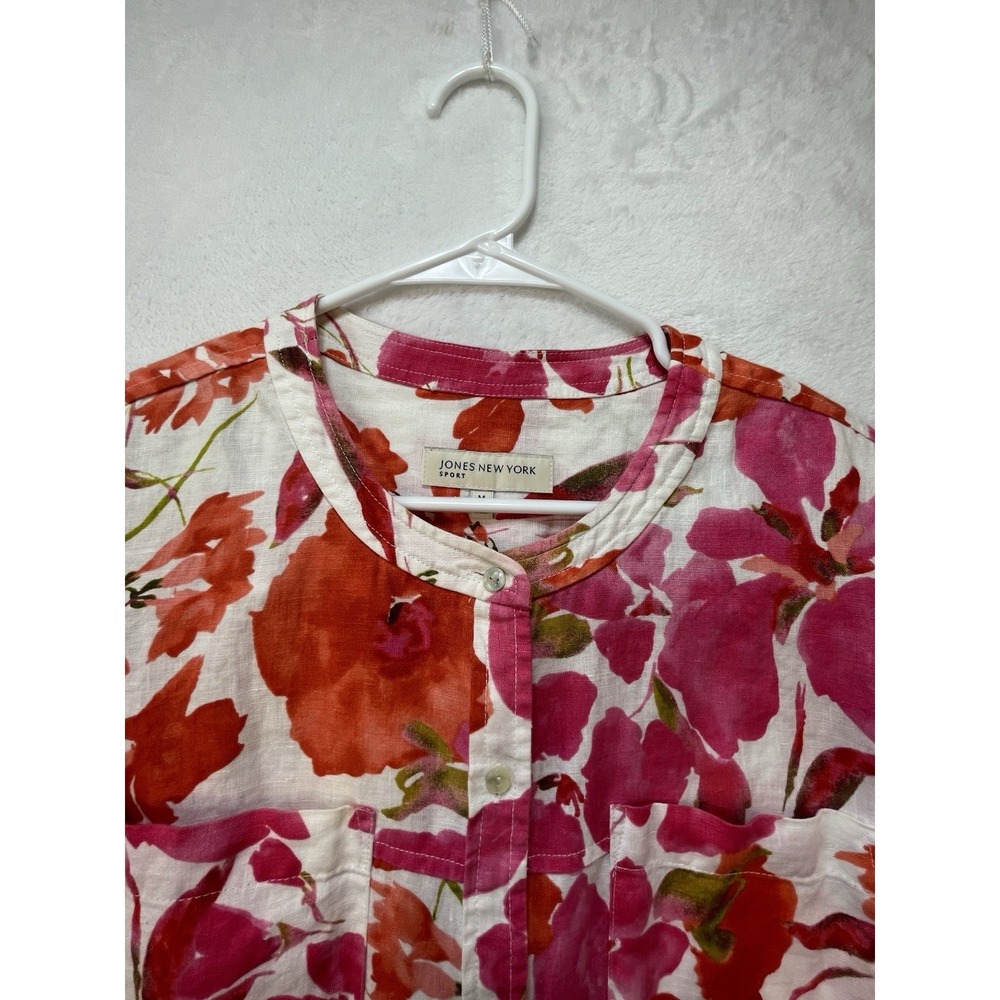 Jones New York Sport Linen Shirt M Floral Button Front 3/4 Sleeve Boho Cottage - Picture 4 of 10